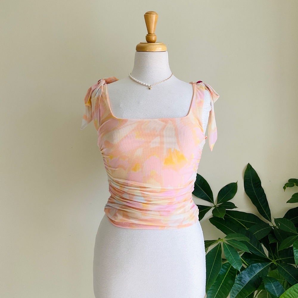 Free People Pastel Tie-Strap Square Neck Cami in Peach & Yellow